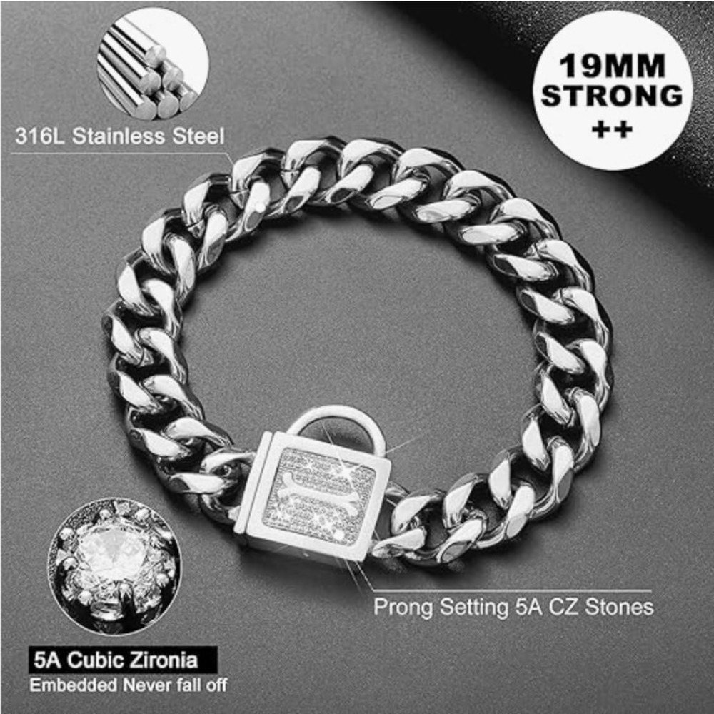 Dog Collar with Zirconia Locking Hand Polished Stainless Steel Metal - 19MM, 12"